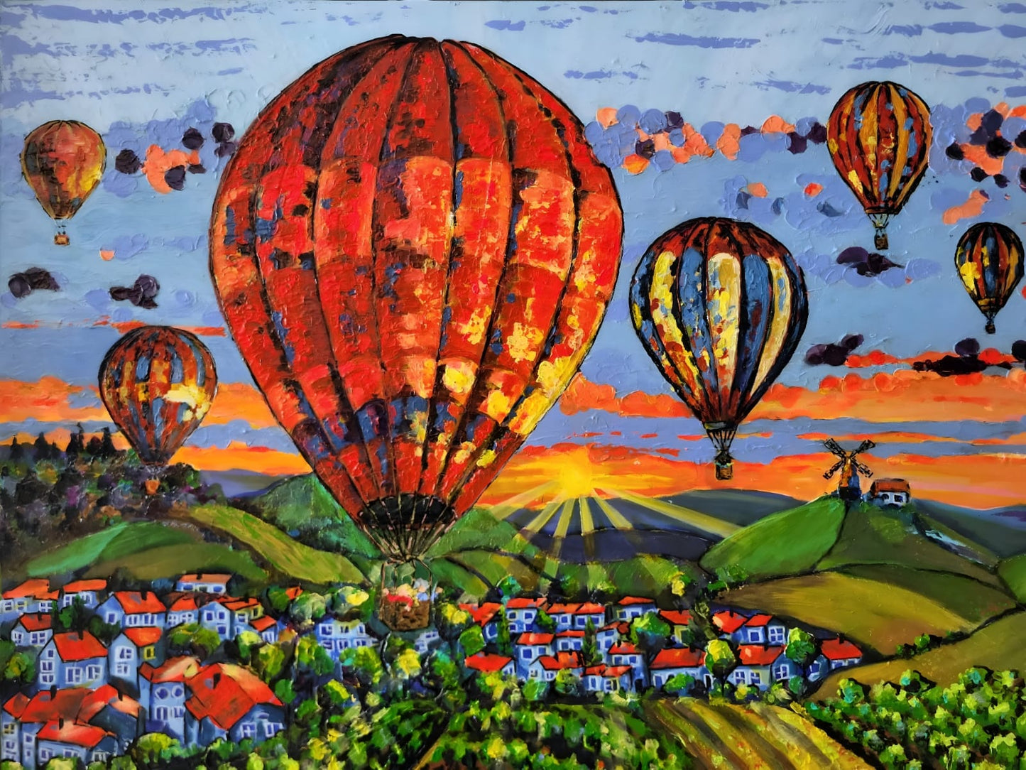 "Les lumières de l’aube" – Peinture originale de la série « Les Ballons de Champagne »