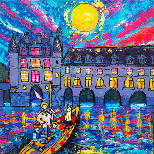 "Chenonceau en bateau" – Peinture originale sur toile