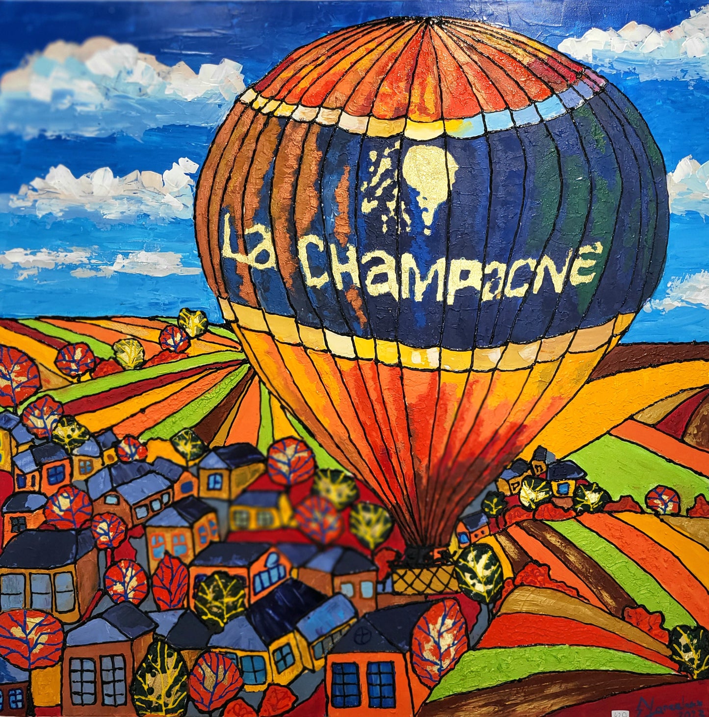 La champagne en montgolfière, peinture originale,  acrylique et plâtre sur toile, 80x80cm