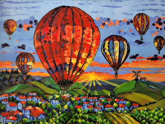 "Les lumières de l’aube" – Peinture originale de la série « Les Ballons de Champagne »