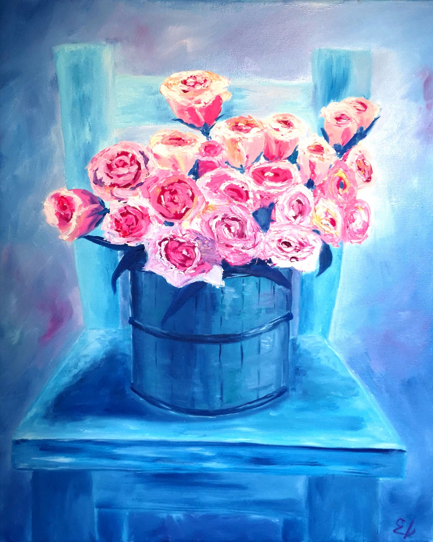 Rose roses, seau de fleurs, peinture turquoise rose, huile sur toile, 55x46 cm, cadeau parfait