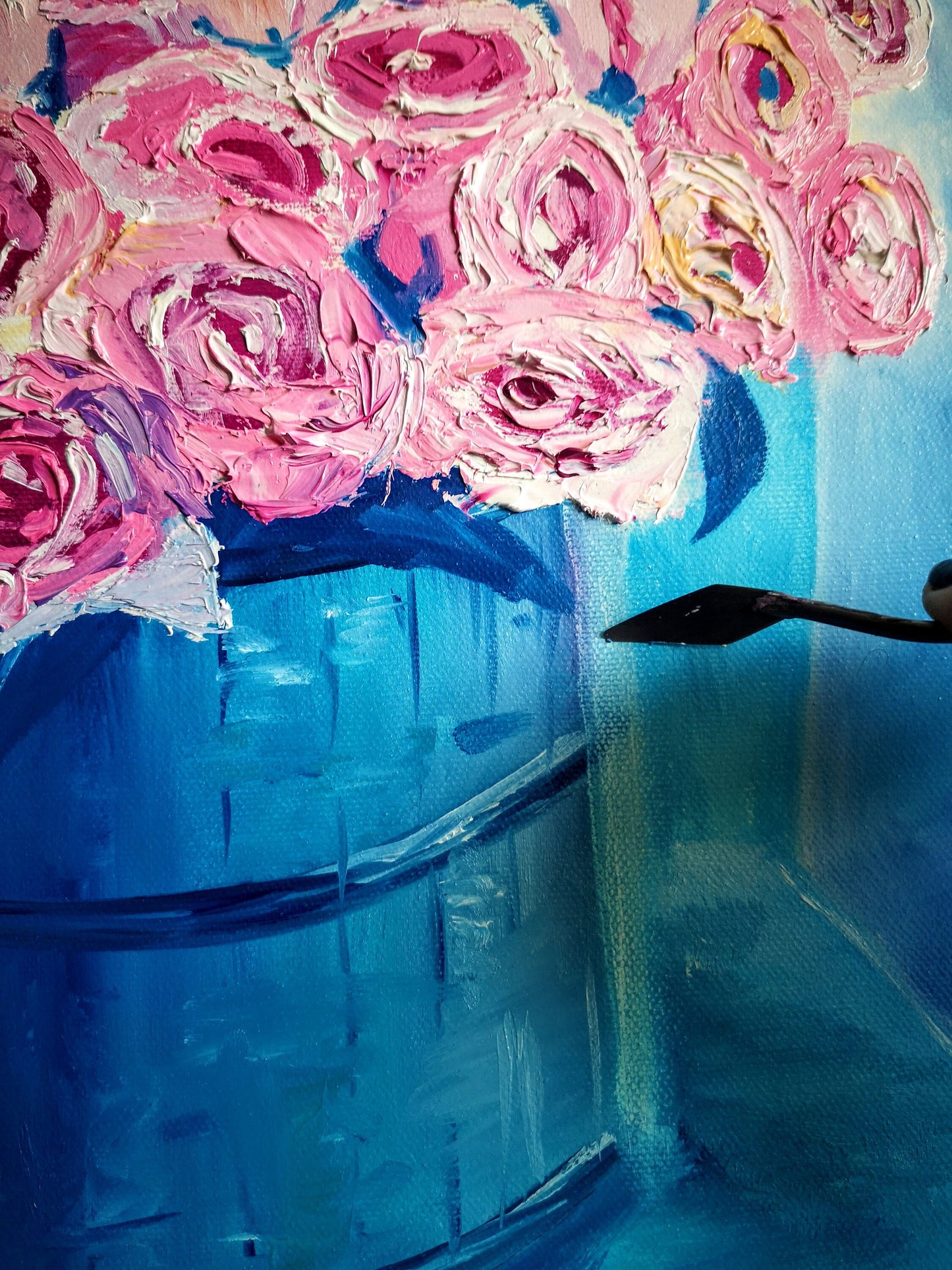 Rose roses, seau de fleurs, peinture turquoise rose, huile sur toile, 55x46 cm, cadeau parfait