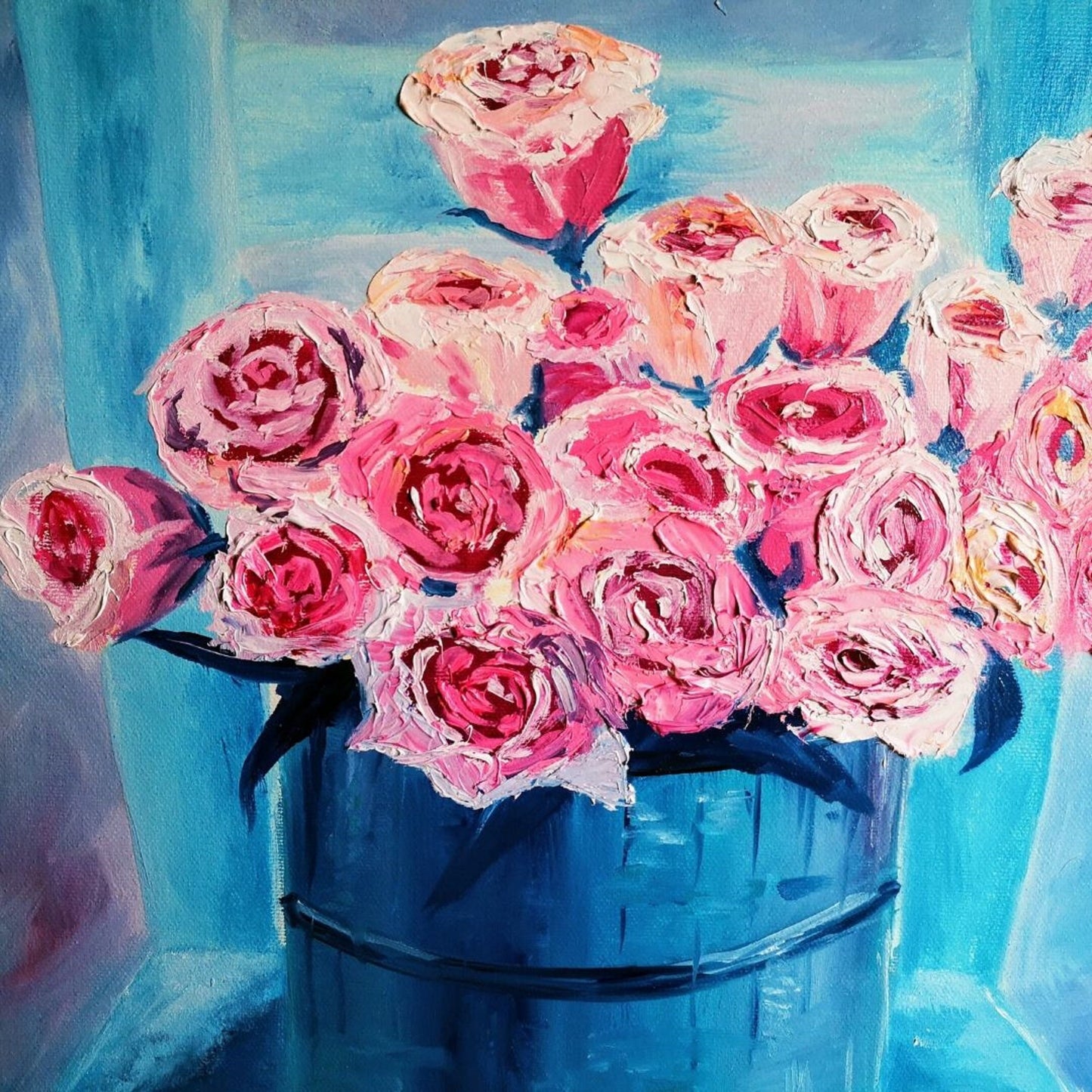 Rose roses, seau de fleurs, peinture turquoise rose, huile sur toile, 55x46 cm, cadeau parfait